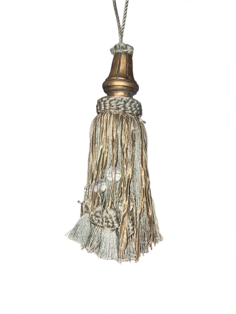 VTG French Passementerie Sage & Gold Crystal Beaded Key Tassel Tie Back 8.5